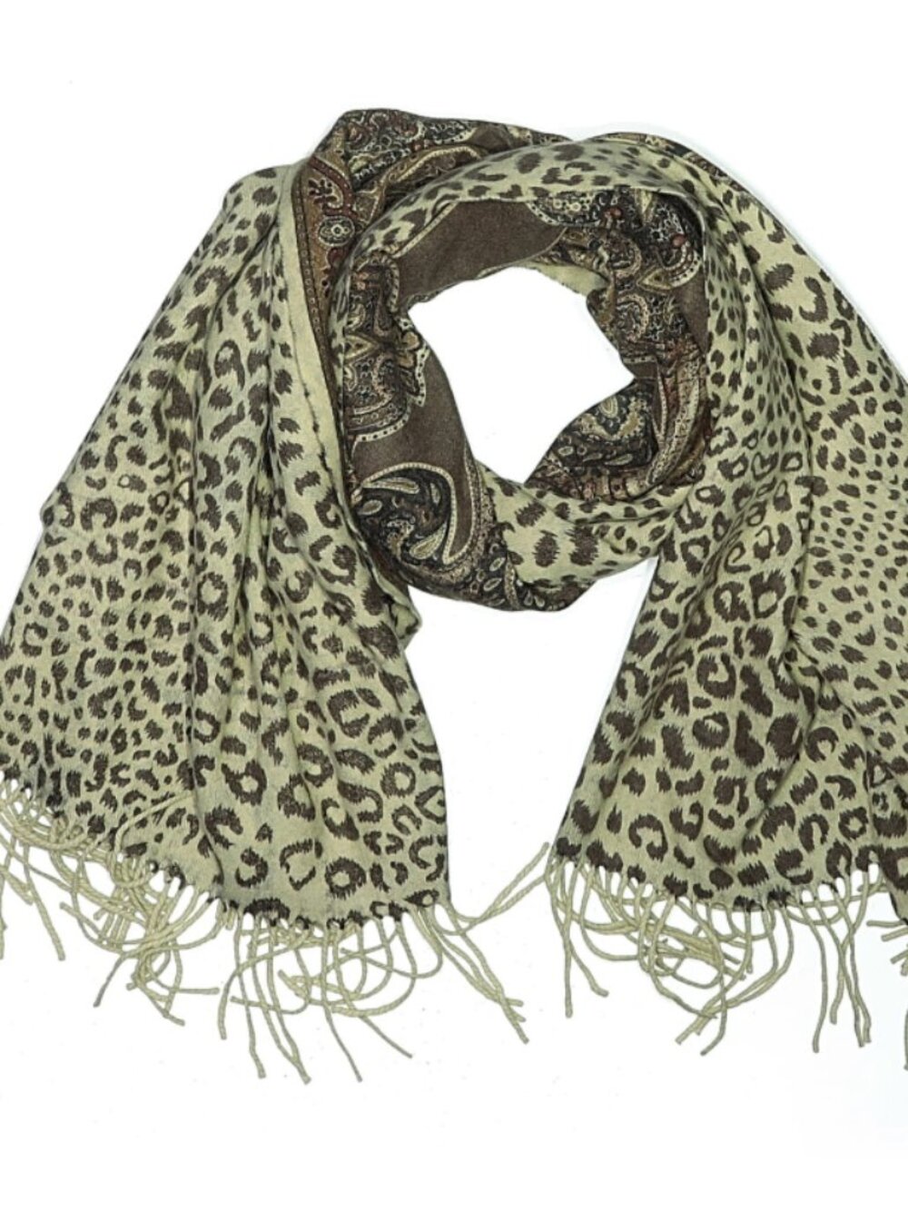 La Fiorentina Reversible Wool Wrap Paisley Leopard Print Brown Ivory Large Scarf